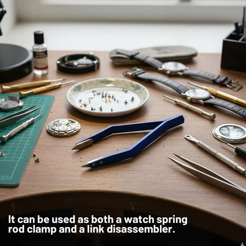 Pro Grade Watch Spring Bar Tool Kit With Tweezers And Bracelet Link Remover For Newbies And Pros on a workbench.