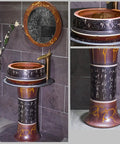 Gotta Have Heavy Duty Round Ceramic Basin Freestanding Sink Slick Polished Finish Zero Sweat Cleanup with gold accents and glass mirror.