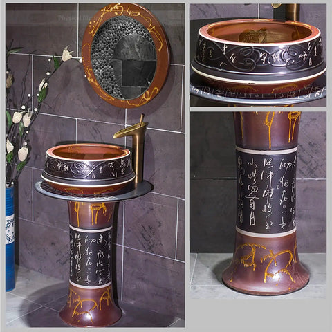 Gotta Have Heavy Duty Round Ceramic Basin Freestanding Sink Slick Polished Finish Zero Sweat Cleanup with gold accents and glass mirror.