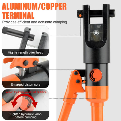 Beefy 12 Ton Hydraulic Crimping Tool For 6 AWG To 40 AWG Cables With 8 Die Sets Heavy Duty Battery Cable Lug Crimper Ergonomic Grip For Precise Hex Die Crimping On Electrical Terminals, black and orange hydraulic head