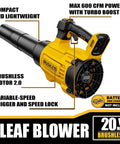 20V Cordless Leaf Blower Compatible With DeWalt 20V MAX Batteries Turbo Boost Revs Up To 125 MPH For Serious Clearing Up To 600 CFM