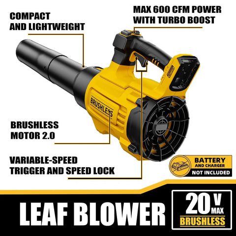 20V Cordless Leaf Blower Compatible With DeWalt 20V MAX Batteries Turbo Boost Revs Up To 125 MPH For Serious Clearing Up To 600 CFM