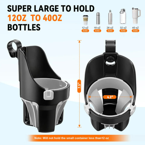 Heavy Duty Golf Push Cart Cup Holder With Super Large Capacity, Fits Up To A 40oz Bottle, detailed size and bottle compatibility displayed
