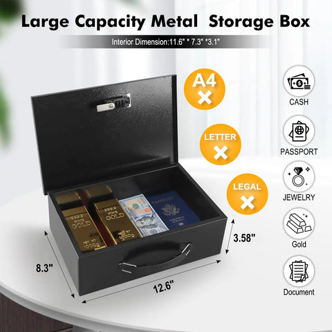 Keep Your Stuff Locked Down With This Built Tough Fireproof Lock Box Featuring Dual Combo And Key Security Heavy Duty Metal Document Safe Portable Carry Handle Rock Solid Double Locked Design Black, opened with valuables inside.