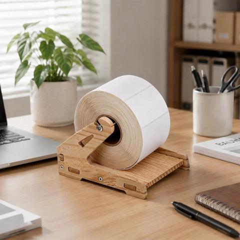 Solid Wood Label Holder And Sticker Dispenser for Roll Labels on desk beside laptop and plant