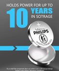 Five Pack CR2032 3V Lithium Coin Cell Batteries With Ten Year Shelf Life, showcasing the battery design and 10-year storage claim.