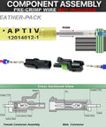 Top Notch 320 Piece Weather-Pack Terminal Kit For 10-20 AWG Wire, male and female connector assembly diagram with seals