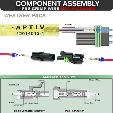 Top Notch 320 Piece Weather-Pack Terminal Kit For 10-20 AWG Wire, male and female connector assembly diagram with seals