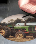Round Tractor Photo Farm Coral Velvet Area Rug 80x80 cm non slip indoor carpet with vintage tractor design in a modern room setting.