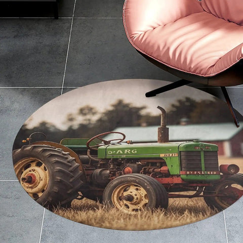 Round Tractor Photo Farm Coral Velvet Area Rug 80x80 cm non slip indoor carpet with vintage tractor design in a modern room setting.