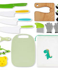HAIMST 15-piece kids kitchen set with plastic knives, wooden safe knife block, green cutting board, gloves, and bag