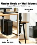Dead Easy Under Desk PC Holder And Wall Mount Computer Tower Stand With 77 Lb Capacity Adjustable Height under desk and wall mounted views.