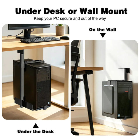 Dead Easy Under Desk PC Holder And Wall Mount Computer Tower Stand With 77 Lb Capacity Adjustable Height under desk and wall mounted views.