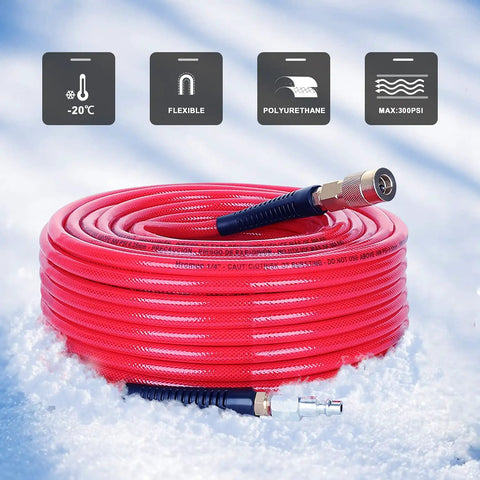 Quarter Inch 100 Ft Polyurethane Air Hose With Bend Restrictors, Flexible Workhorse For Indoor Finishing Projects, Includes One Quarter Inch Industrial Quick Coupler And Plug Kit, Red, shown coiled on a snowy surface.