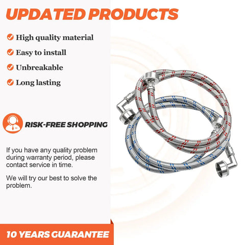 6Ft Stainless Steel Washer Hoses With 90 Degree Elbows Burst Proof Three Quarter FHT Standard Thread Two Pack Red And Blue
