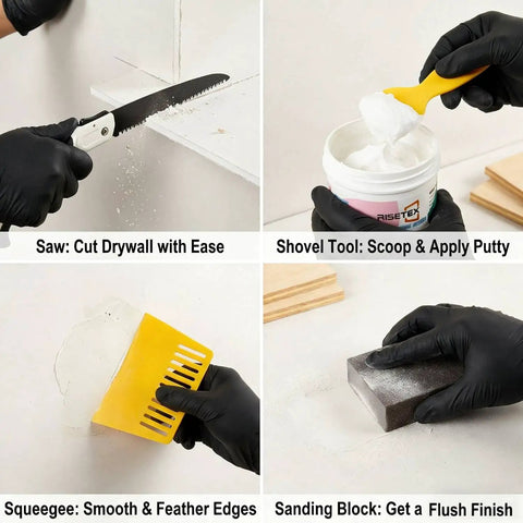 34 Piece Drywall Repair Kit For Large Holes And Cracks That Wont Break The Bank Includes 12x12 Inch Patch Saw Wood Backing Boards Spackle Mesh Tape Pencil And More For Quick Easy DIY Wall Repair tools in use
