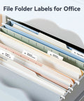 File folder with labeled dividers for office organization using D110 Upgraded Mini Label Maker With Tape, Pocket Size Bluetooth Thermal Printer