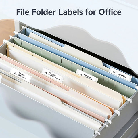 File folder with labeled dividers for office organization using D110 Upgraded Mini Label Maker With Tape, Pocket Size Bluetooth Thermal Printer