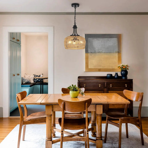 Straight Up Gorgeous Farmhouse Chandelier Featuring Three Woven Rattan Shades hanging above a wooden dining table in a cozy setting.