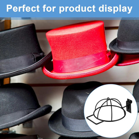 Six Pack Slat Wall Hat Display Racks Wire Headwear Organizer For Baseball Caps Beanies Wigs Metal Slatwall Accessories Ideal For Home Retail Store And Warehouse Black with hats displayed on racks.