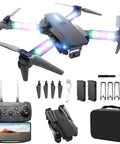 1080P HD Camera Foldable Mini FPV Drone With LED Lights For Adults Kids And Beginners RC Quadcopter Rad Gift With One Tap Takeoff And 360 Degree Flips Gesture And Gravity Control 3 Speed Modes 2 Batteries Black, shown with accessories and carrying case.