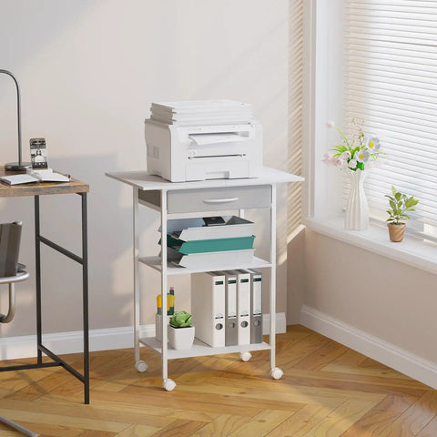 Built Tough 3 Tier Printer Stand With Fabric Drawer Rolling Storage Cart For Heat Press Scanner Fax Clean Mobile Desktop Organizer Office Setup White in a bright office setting.
