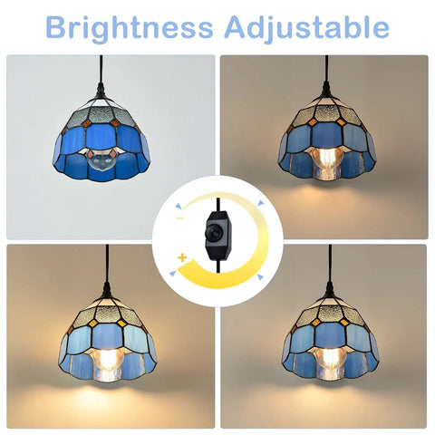 Plug In Tiffany Style Pendant Light With 16.4 Ft Cord, showing dimmable rotary adjustments, blue shade glowing in various intensities.