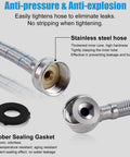 Close-up of six foot premium stainless steel washer hoses with 90 degree elbow, featuring thickened inner core and rubber sealing gasket.