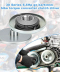 Driver Pulley Replacement for 30 Series Go Kart and Mini Bike Torque Converter Clutch, shown installed and standalone.