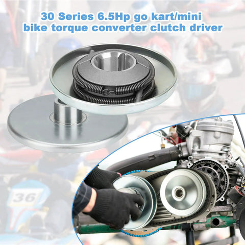 Driver Pulley Replacement for 30 Series Go Kart and Mini Bike Torque Converter Clutch, shown installed and standalone.