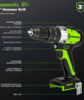 Greenworks 1/2 inch hammer drill with variable speed, 530 in-lbs torque, highlighting features, in black and green design.