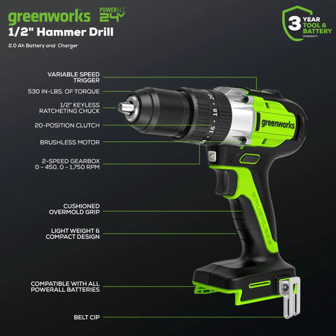 Cordless Hammer Drill With Brushless 24V Power One Half Inch Capacity 530 Inch Pounds Torque 4 Ah Battery And Charger Included Model DDG402 Perfect For Home Projects DIYers And Pros