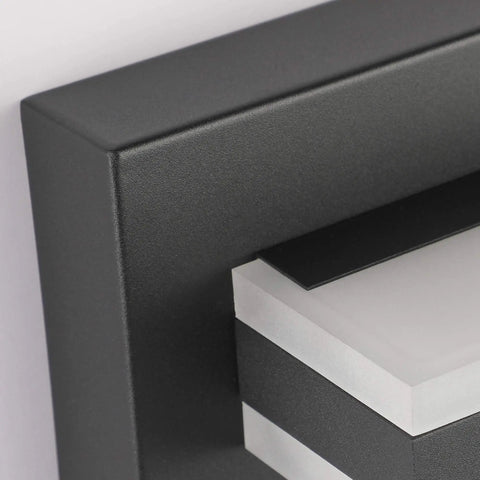Close-up of Black LED Vanity Light Fixture Over Mirror Three Light Modern Bath Lighting for Bathroom Restroom aluminum frame