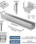 Components of Six Rail Aluminum Solar Panel Mounting Kit No Brainer With End Clamps, Mid Clamps, Washers, Screws And Wrench, 7.87 Inch Rails, Fits 30mm And 35mm Clamps, For Metal Roofs, Tin Roofs, Flat Roofs, Sheet Roofs And RV with detailed measurements