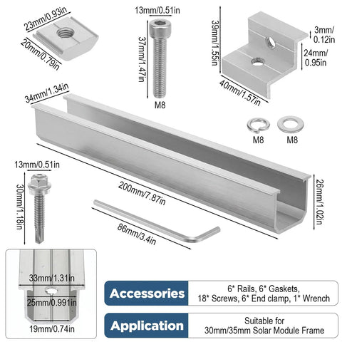 Components of Six Rail Aluminum Solar Panel Mounting Kit No Brainer With End Clamps, Mid Clamps, Washers, Screws And Wrench, 7.87 Inch Rails, Fits 30mm And 35mm Clamps, For Metal Roofs, Tin Roofs, Flat Roofs, Sheet Roofs And RV with detailed measurements