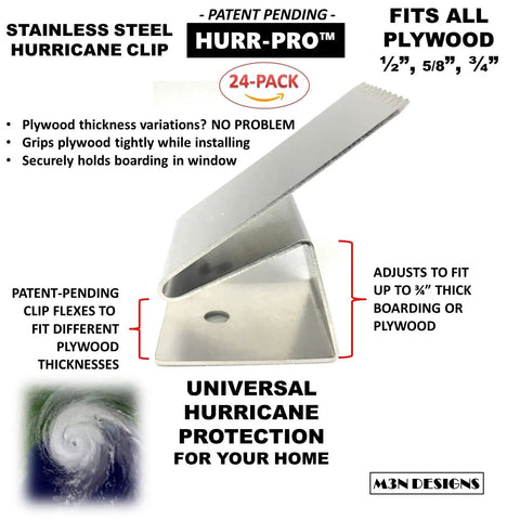 Universal Stainless Steel Hurricane Window Clips For 1/2 To 3/4 Inch Plywood Or OSB, 24-Pack. Patent pending clip detail view.