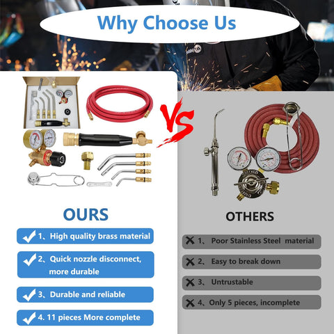 Comparison of Air Acetylene Torch Kit 11-Piece Set For Soldering And Brazing with competitor showing differences in quality and components.