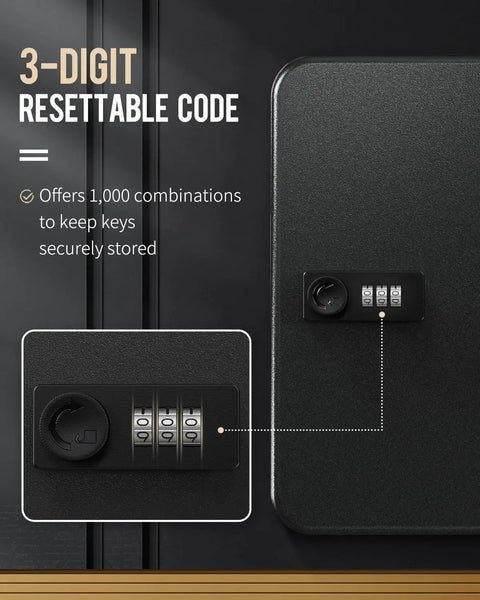 Heavy Hitter Steel Key Wall Cabinet With Dead Tough 3 Digit Combo Lock Box close-up of resettable code lock for secure key storage.