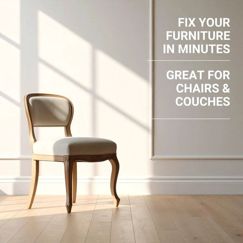 Wooden chair in sunlit room with text highlighting use for 'Fix Your Furniture' and 'Great for Chairs & Couches'