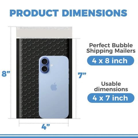 Image showing dimensions of Self Sealing Waterproof Bubble Mailer 4x8 Inch With 4x7 Usable Space Padded Lightweight Shipping Bag