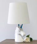 Totally Sparkly Pink Unicorn Table Lamp With Glitter Resin Base And White Tapered Shade, Easy Cord Rotary Switch, 40W bulb