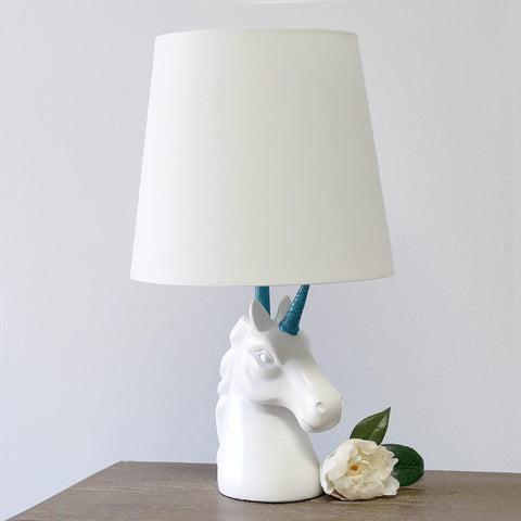 Totally Sparkly Pink Unicorn Table Lamp With Glitter Resin Base And White Tapered Shade, Easy Cord Rotary Switch, 40W bulb