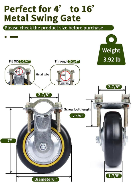 Six Inch Gate Wheel For Metal Tube Gates One Pack Anti Slip Adjustable Farm Gate Wheel Fits One Quarter To Two And A Quarter Inch Tubes With Three To Seven Inch Ground Clearance Rust Resistant Heavy Duty Build For Swinging Fences. Metal swing gate wheel with dimensions and weight details.