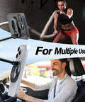 Durable C19 Vehicle Mounting Bracket in bold red holding a smartphone in car interior, with fitness backdrop, multiple uses.