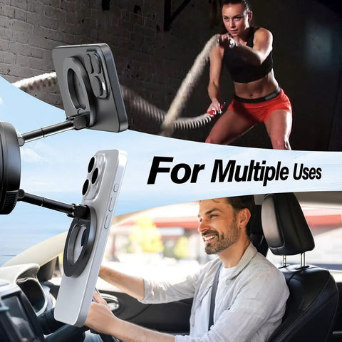 Durable C19 Vehicle Mounting Bracket in bold red holding a smartphone in car interior, with fitness backdrop, multiple uses.