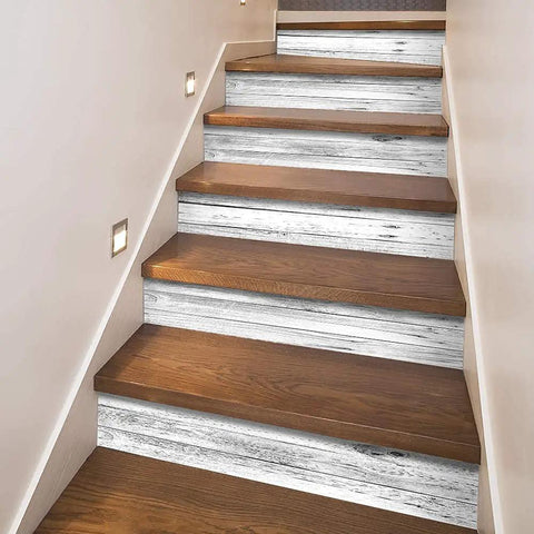 14 Piece Peel And Stick Stair Risers Self Adhesive Vinyl Stickers With Faux Weathered Rustic Wood Look installed on stairs