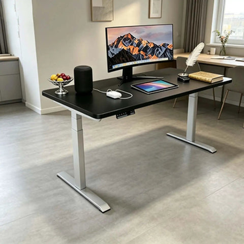 Electric Adjustable Standing Desk With Dual Motor Synchronized Lift For Home Office Computer Setup, black surface, sleek design.