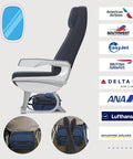 Underseat Carry On Luggage For Women, 16 Inch Lightweight Overnight Bag placed under airline seat with airline logos on side