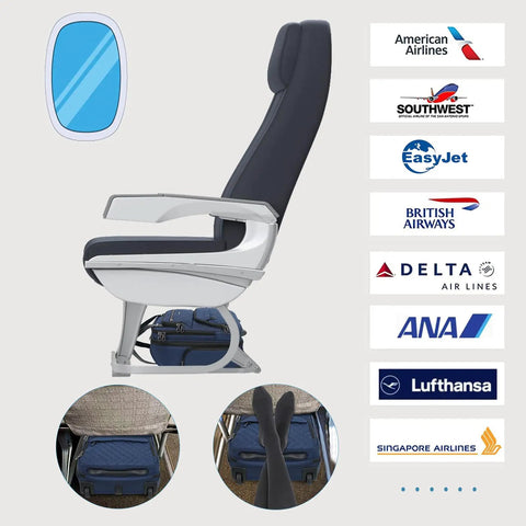 Underseat Carry On Luggage For Women, 16 Inch Lightweight Overnight Bag placed under airline seat with airline logos on side