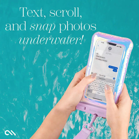 Hands holding IP68 Waterproof Phone Pouch With Floating Lock Seal In Iridescent Soap Bubble Finish; texting underwater demo
